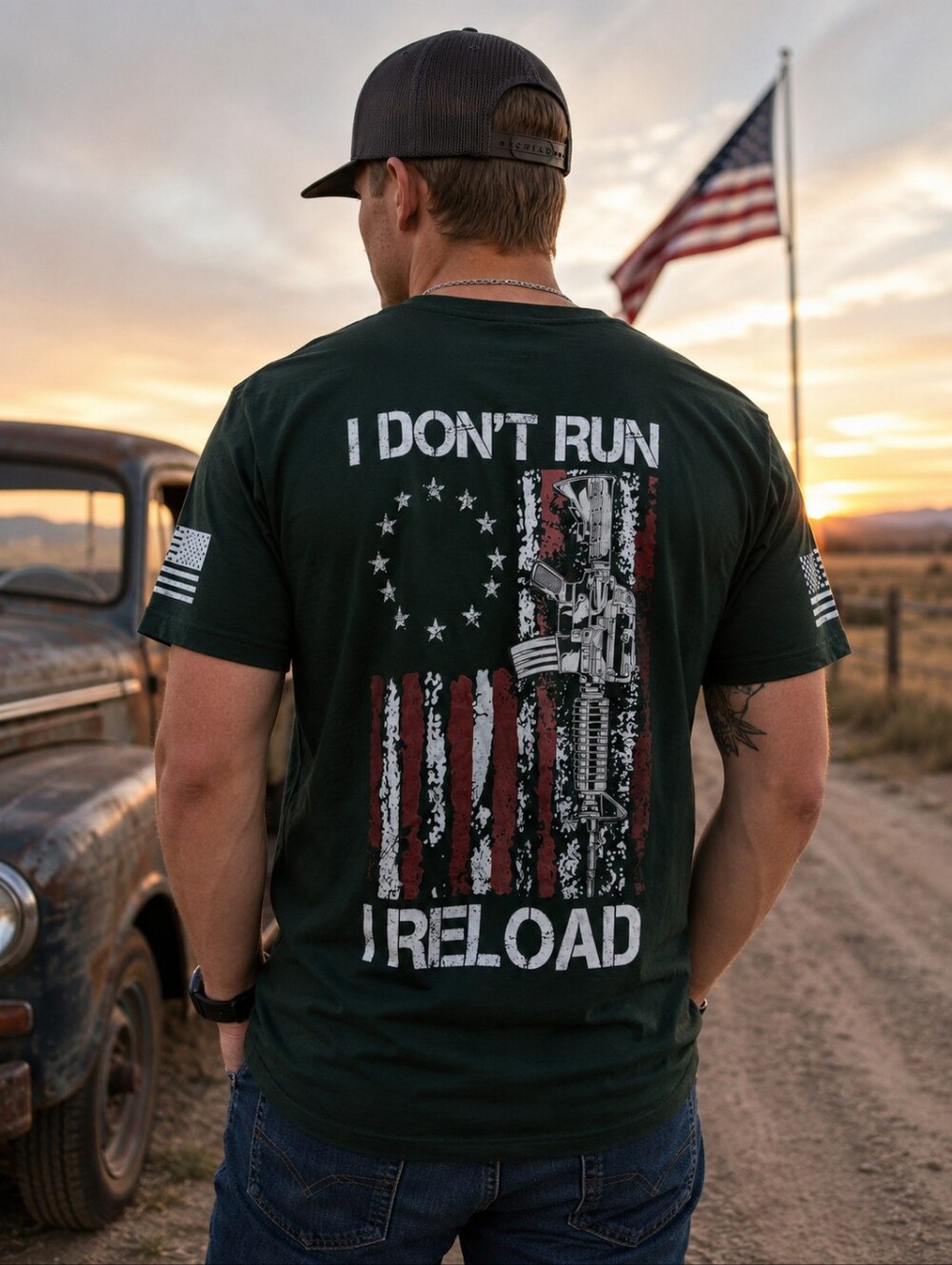 'I Don't Run, I Reload' Patriotic Dark Green Graphic Tee